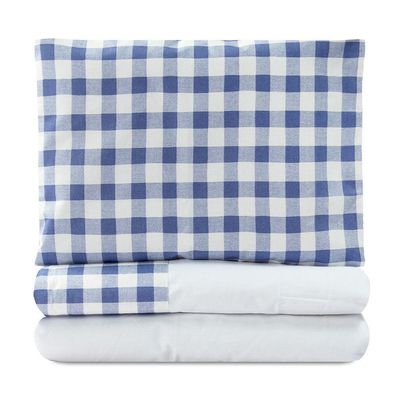 Kit Para Berço Jogo De Lençol Com Rolinhos 100% Algodão 7 Peças - Xadrez Azul