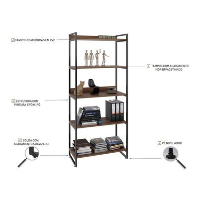 Estante Livreiro Multiuso 80cm 5 Prateleiras Nogal