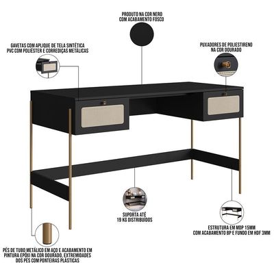 Estante Livreiro Home Office E Mesa Escrivaninha Industrial Indy A03 Nero Dourado