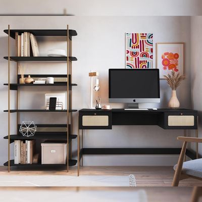 Estante Livreiro Home Office E Mesa Escrivaninha Industrial Indy A03 Nero Dourado