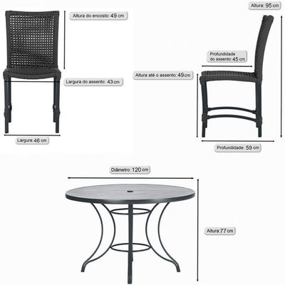 Mesa Ascoli 120 Cm Com 6 Cadeiras Cannes De Alumínio Trama Preto