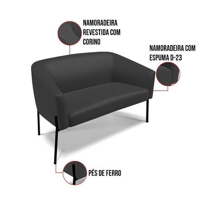 Sofá Namoradeira 2 Lugares Pé De Ferro Preto Stella Corino Preto D03 - D'rossi