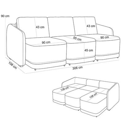 Sofá Cama Para Sala De Estar 3 Lugares 306cm Montserrat K01 Bouclê Cinza - Lyam Decor