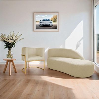Kit Divã Luna 185cm Lado Direito E 01 Poltrona Base De Ferro Dourado Suede Bege
