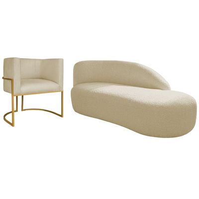 Kit Divã Luna 185cm Lado Direito E 01 Poltrona Base De Ferro Dourado Suede Bege