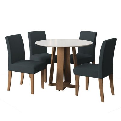 Conjunto De Mesa Sala De Jantar Athenas Redonda 1,03m 4 Cadeiras Trieste Cedro Off White Chumbo