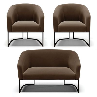 Sofá Namoradeira E 2 Poltronas Base Industrial Preto Stella Suede D03 - D'rossi Cor Marrom