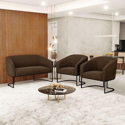 Sofá Namoradeira E 2 Poltronas Base Industrial Preto Stella Suede D03 - D'rossi Cor Marrom