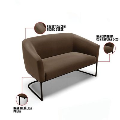 Sofá Namoradeira E 2 Poltronas Base Industrial Preto Stella Suede D03 - D'rossi Cor Marrom