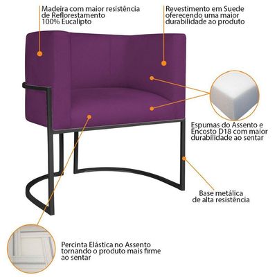 Kit Divã Luna 140cm Lado Esquerdo E 01 Poltrona Base De Ferro Preto Suede Roxo