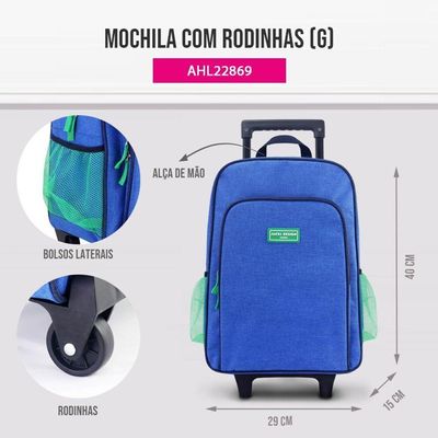 Conjunto Mochila Com Rodinhas Junior E Lancheira Térmica Azul