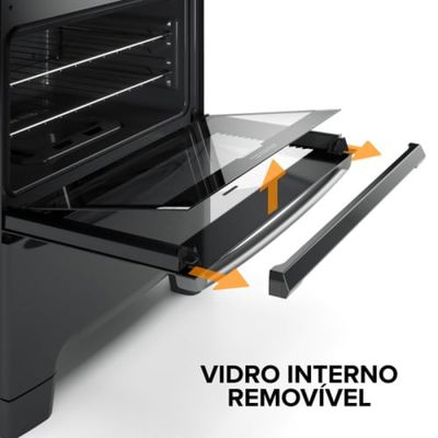 Fogão 5 Bocas Continental Preto Mesa de Vidro, Forno Eco Turbo e Tripla Chama (FC5GB) Bivolt