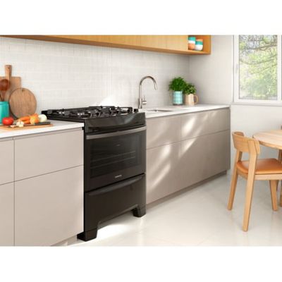 Fogão 5 Bocas Continental Preto Mesa de Vidro, Forno Eco Turbo e Tripla Chama (FC5GB) Bivolt