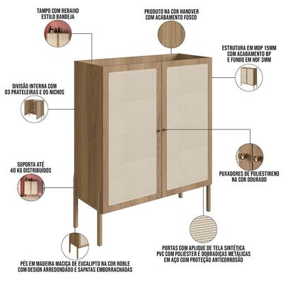 Armário Bar Para Sala 2 Portas 93cm Pés Madeira Moss A03 Hanover Roble