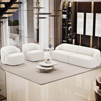 Sofá 3 Lugares Curvo Orgânico Com 02 Poltronas Living 220cm Barolo L06 Bouclê Branco