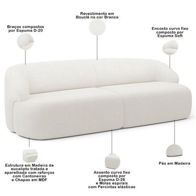 Sofá 3 Lugares Curvo Orgânico Com 02 Poltronas Living 220cm Barolo L06 Bouclê Branco