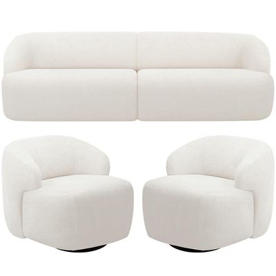 Sofá 3 Lugares Curvo Orgânico Com 02 Poltronas Living 220cm Barolo L06 Bouclê Branco