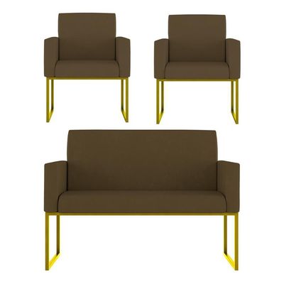 Kit Sofá 2 Lugares + 2 Poltronas Recepção Sala Base Dourada Cor:marrom Marrom