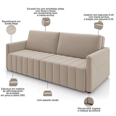 Sofá Cama Retrátil Para Sala De Estar 220cm Porthos M03 Veludo Bege - Lyam Decor