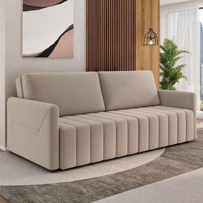 Sofá Cama Retrátil Para Sala De Estar 220cm Porthos M03 Veludo Bege - Lyam Decor