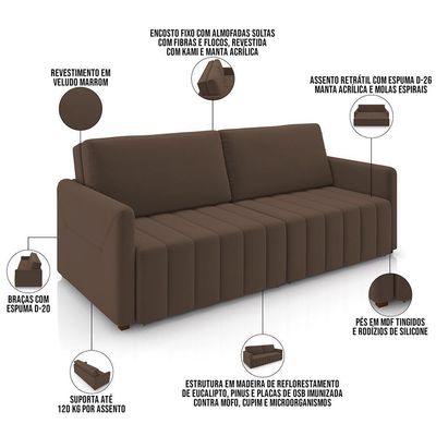 Sofá Cama Retrátil Para Sala De Estar 192cm Porthos M03 Veludo Marrom - Lyam Decor