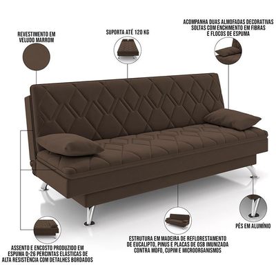 Sofá Cama Para Sala De Estar Quarto 193cm Lia M03 Veludo Marrom - Lyam Decor