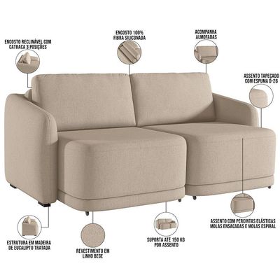 Sofá Cama Para Sala De Estar 2 Lugares 196cm Montserrat K01 Linho Bege - Lyam Decor
