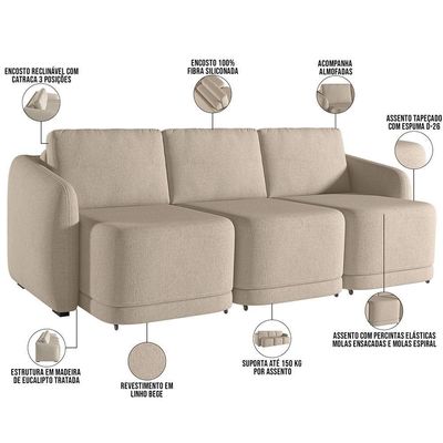 Sofá Cama Para Sala De Estar 3 Lugares 306cm Montserrat K01 Linho Bege - Lyam Decor