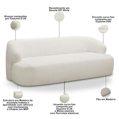 Sofá 2 Lugares Curvo Orgânico Para Sala Living 150cm Barolo L06 Bouclê Off White - Lyam Decor