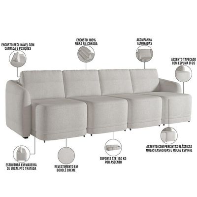 Sofá Cama Para Sala De Estar 4 Lugares 396cm Montserrat K01 Bouclê Creme - Lyam Decor