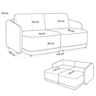 Sofá Cama Para Sala De Estar 2 Lugares 176cm Montserrat K01 Linho Cinza - Lyam Decor