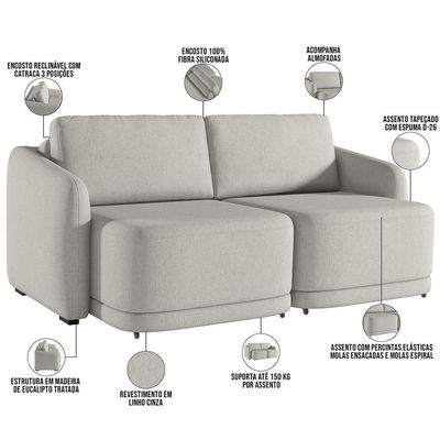 Sofá Cama Para Sala De Estar 2 Lugares 176cm Montserrat K01 Linho Cinza - Lyam Decor