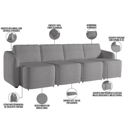 Sofá Cama Para Sala De Estar 4 Lugares 356cm Montserrat K01 Bouclê Cinza - Lyam Decor