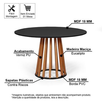 Mesa De Jantar Redonda 6 Lugares 120cm Em Mdf E Madeira Maciça Tália Preta