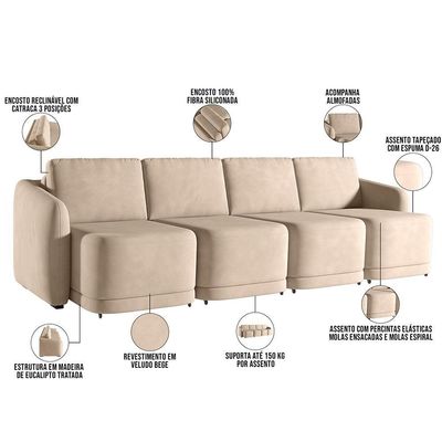 Sofá Cama Para Sala De Estar 4 Lugares 396cm Montserrat K01 Veludo Bege - Lyam Decor