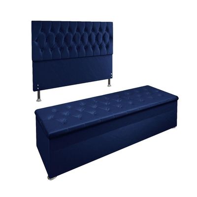 Kit Cabeceira Casal E Recamier Baú 1,95M Azul Marinho