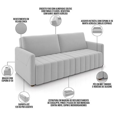 Sofá Cama Retrátil Para Sala De Estar 192cm Porthos M03 Veludo Cinza - Lyam Decor