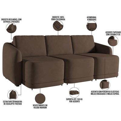 Sofá Cama Para Sala De Estar 4 Lugares 336cm Montserrat K01 Veludo Marrom - Lyam Decor