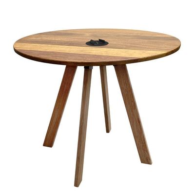 Mesa Eiffel Industrial 90cm Madeira Maciça Natural E Ferro Preto Com Caixa Para Tomada Marrom