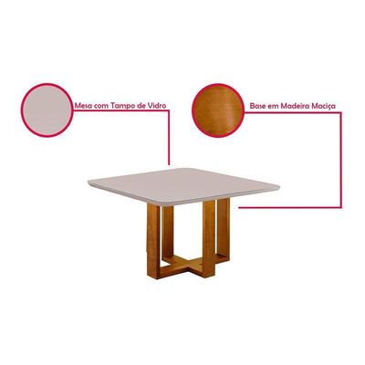 Mesa De Jantar Quadrada 4 Lugares Paris Tampo Com Vidro E Madeira Maciça Móveis Mix Mel/Off-White