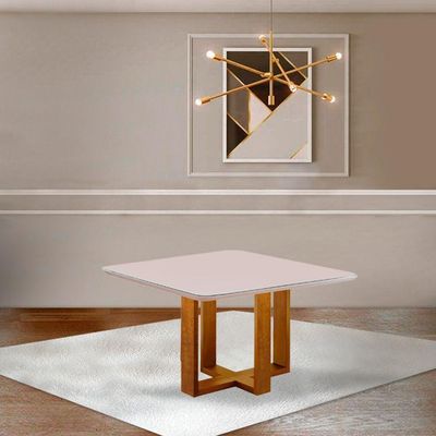 Mesa De Jantar Quadrada 4 Lugares Paris Tampo Com Vidro E Madeira Maciça Móveis Mix Mel/Off-White