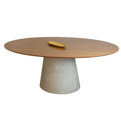 Mesa De Jantar Cone Oval 244x137 Cm Base Cimento Concreto Tampo Freijó