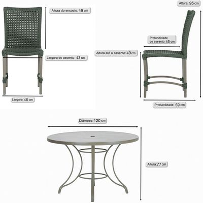 Mesa Ascoli 120 Cm Com 6 Cadeiras Cannes De Alumínio Trama Verde
