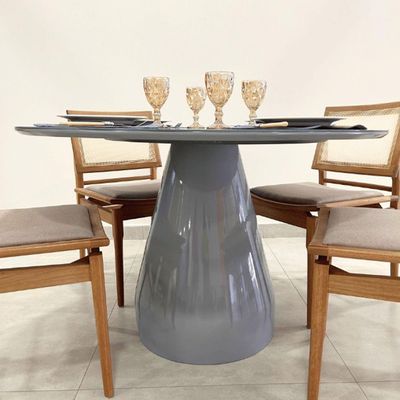 Mesa De Jantar Cone Balonê Redonda 120 Cm Tampo Laca Cinza + Vidro Base Cinza Cor Cinza