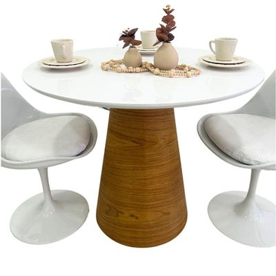 Mesa De Jantar Redonda 100 Cm Tampo Laca Branca Base Freijó Horizontal