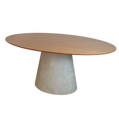 Mesa De Jantar Cone Oval 160x90 Cm Base Cimento Concreto Tampo Freijó