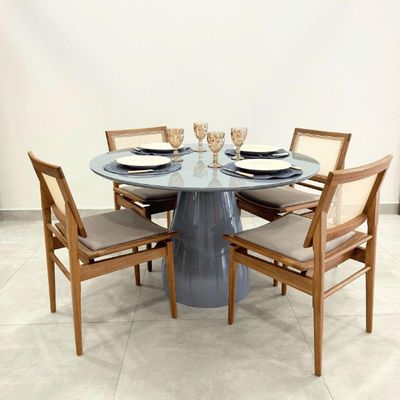 Mesa De Jantar Cone Balonê Redonda 150 Cm Tampo Laca Cinza + Vidro Base Cinza