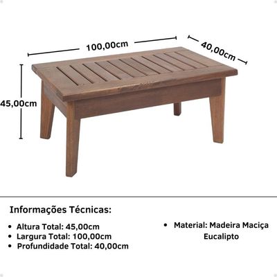 Mesa De Centro Retangular Rústica 100cm Em Madeira Maciça - Natural