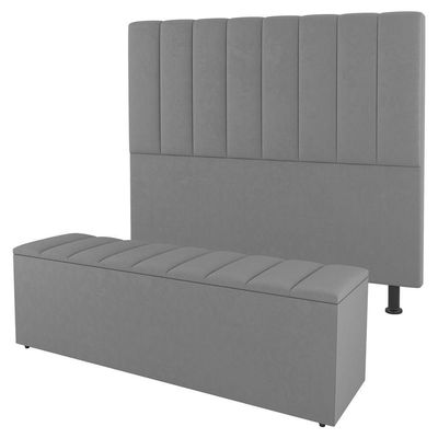 Cabeceira E Baú Cama Box Queen Size Cora 160cm Suede Cinza