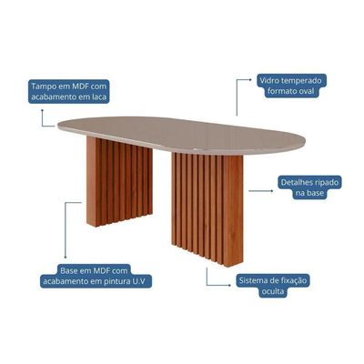 Mesa de Sala Jantar Ester c/Tampo Madeirado Vidro Oval 210x100cm Cinamomo/Off White - Cimol